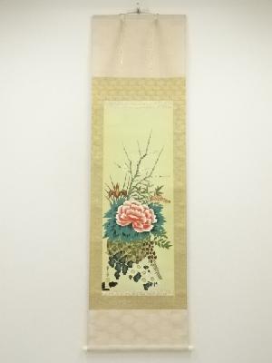 翠芳筆　四季花図　肉筆絹本掛軸（共箱）